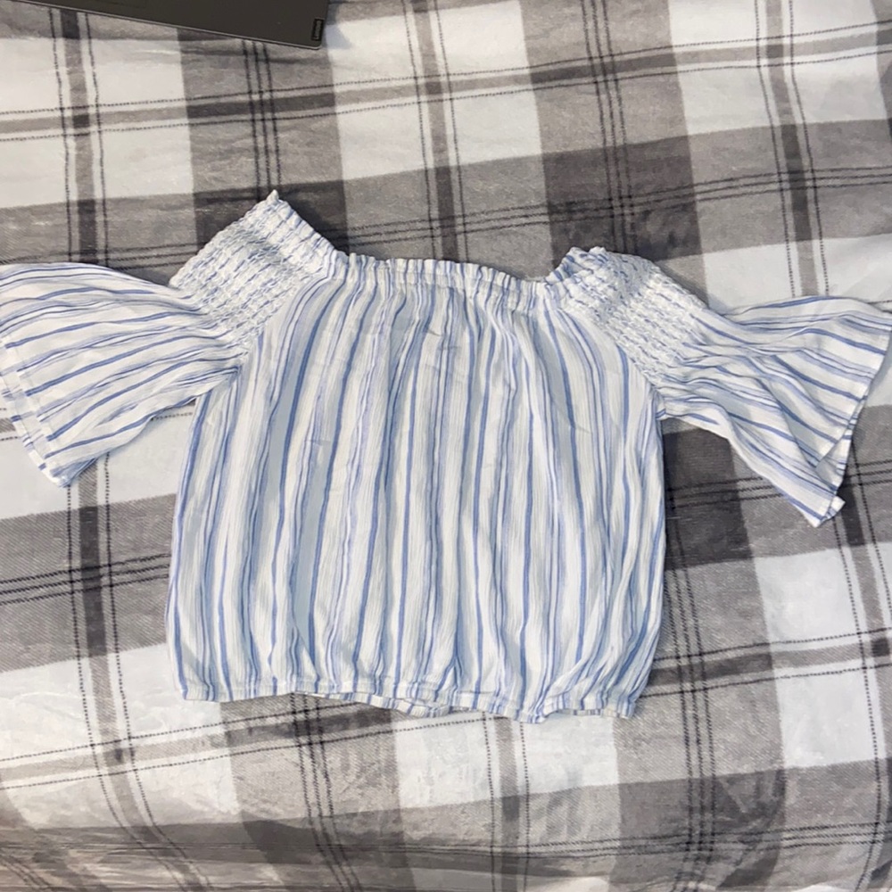 blue and white off the shoulder blouse